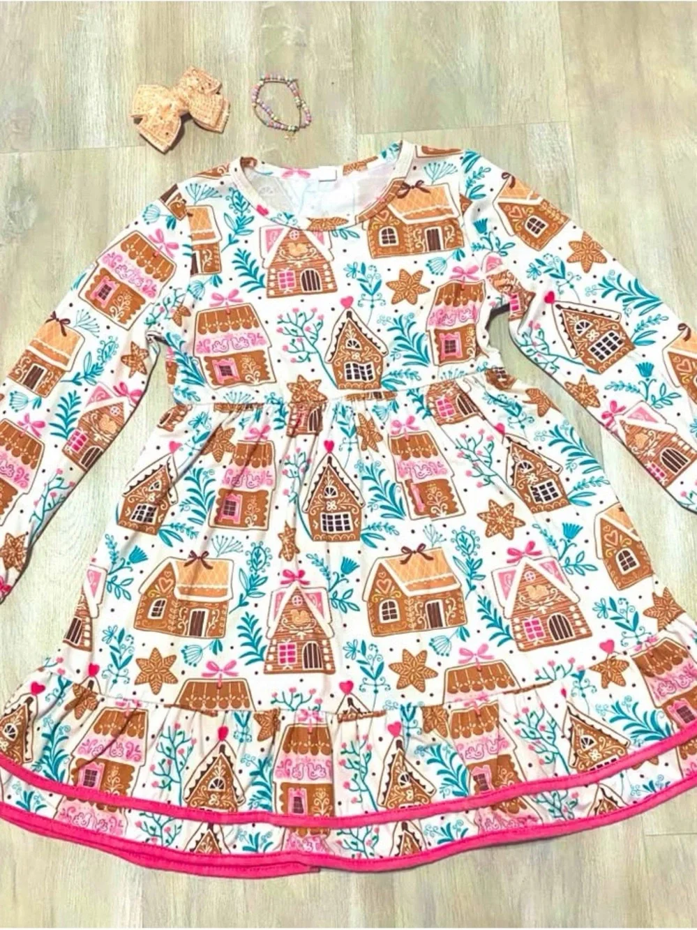 Girls White Gingerbread Print Long-Sleeve Dress